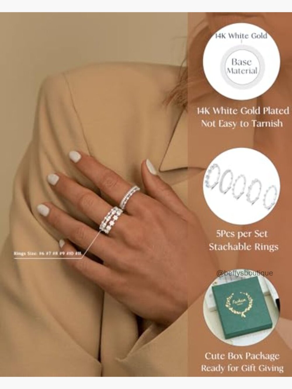 Dainty Stackable Eternity Ring Set for Women Cubic Zirconia Gold Plated Thin - Picture 4 of 7
